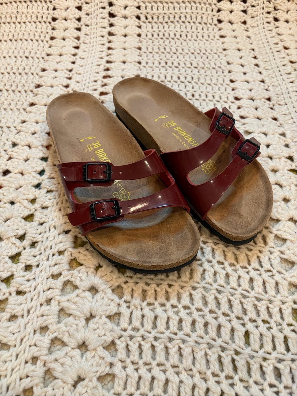Birkenstock Women's Patent Leather Burgundy Double-Buckle Ibiza Sandals Size 38